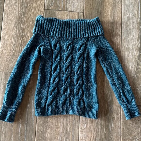 Free People Cable Foldover off the Shoulder sweater in teal size small - Picture 2 of 10